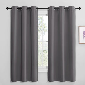 NICETOWN grey blackout curtain panel with silver grommets for privacy and light control.