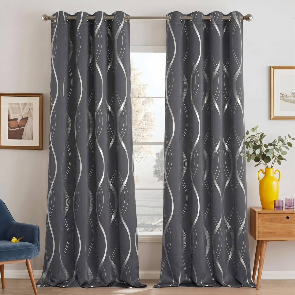 NICETOWN grey blackout curtains with striped pattern for 52x84 windows, privacy and light control.