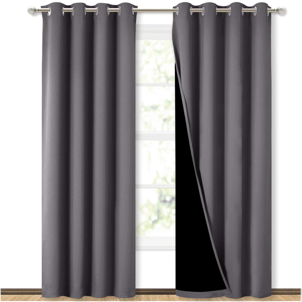 NICETOWN grey full shade fabric close-up showing blackout lining for darkness