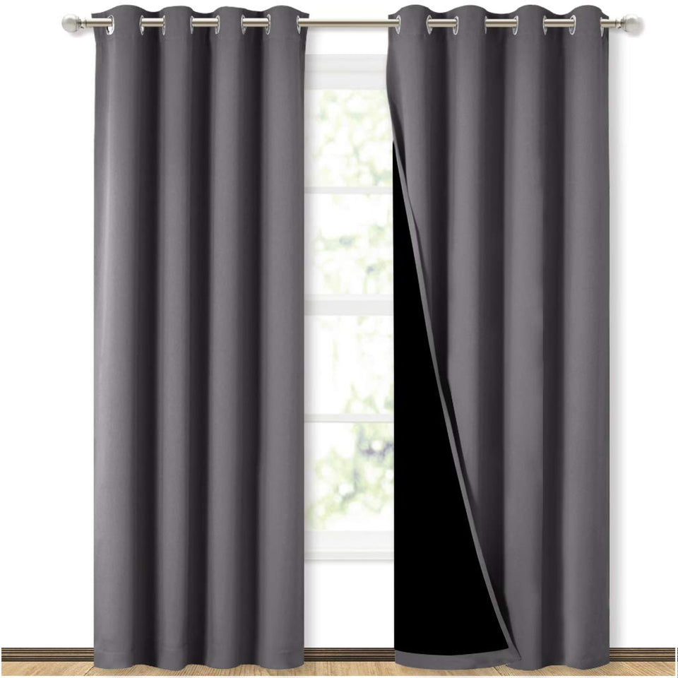 NICETOWN grey full shade fabric close-up showing blackout lining for darkness