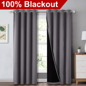 NICETOWN grey full shade panel on rod demonstrates light-blocking capability