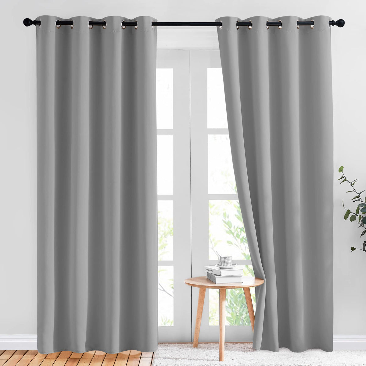 NICETOWN light gray blackout curtain front view blocks light for a calmer room