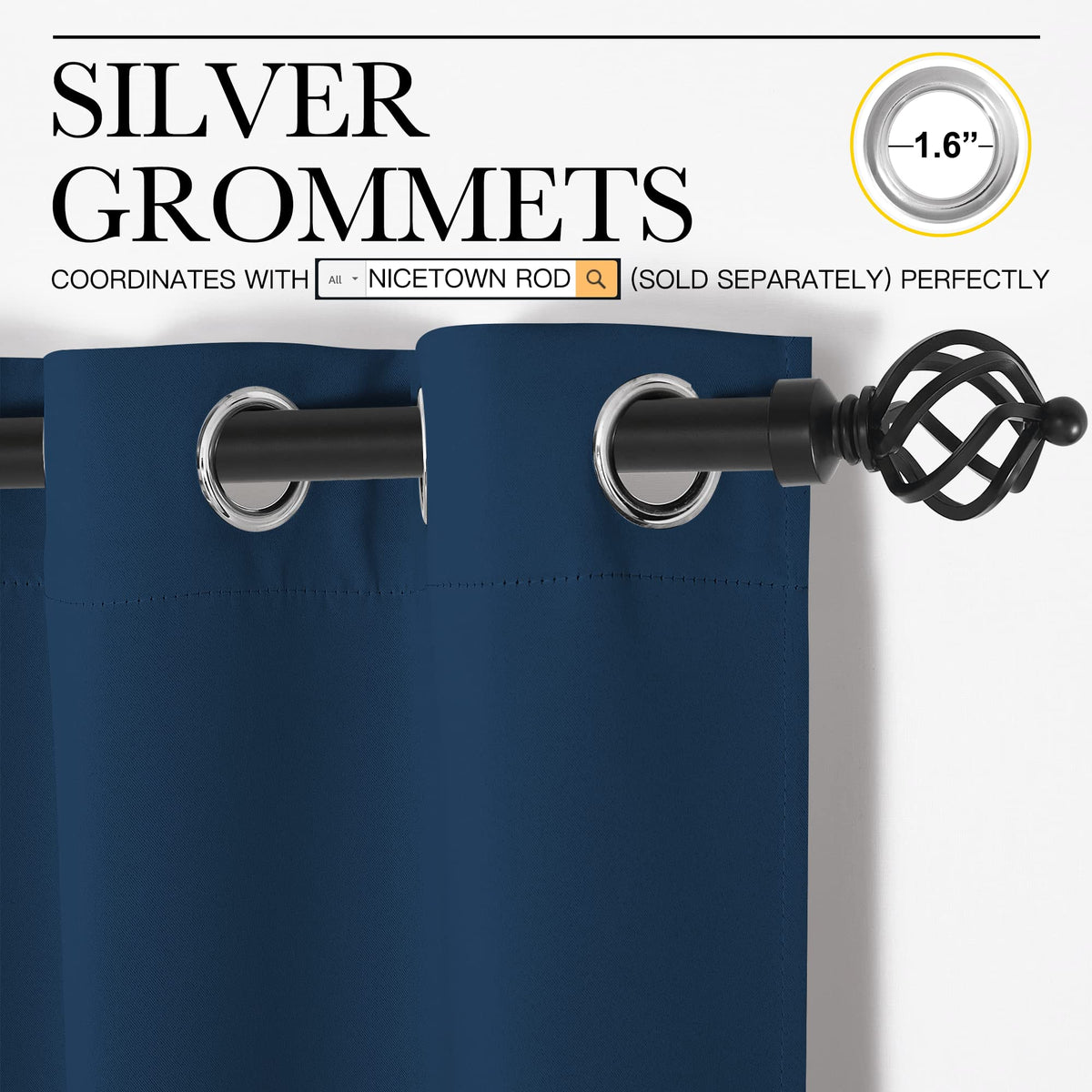NICETOWN Moroccan Blue blackout drapes showing grommets for smooth operation and styling