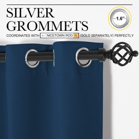 NICETOWN Moroccan Blue blackout drapes showing grommets for smooth operation and styling