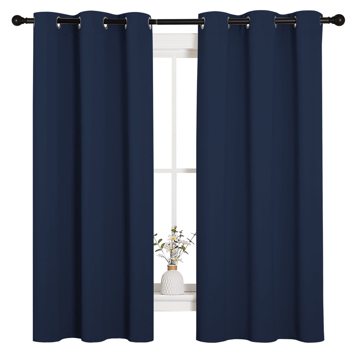 NICETOWN navy blackout curtain grommet top close-up showing easy hanging