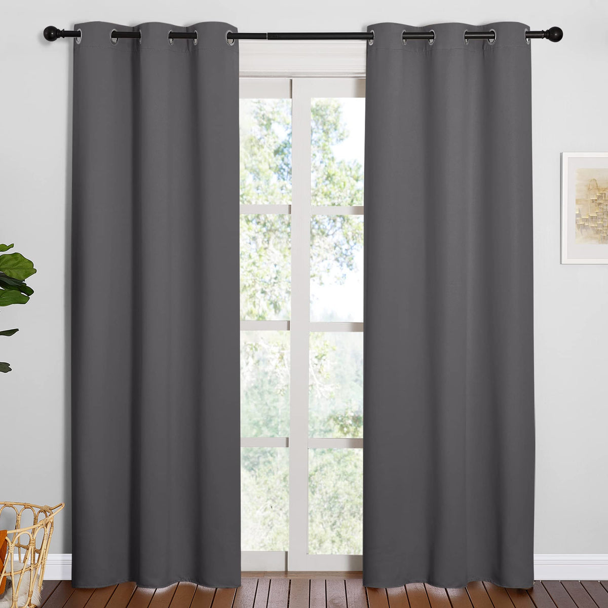 NICETOWN noise-reducing blackout curtains in grey, 84-inch length for room privacy and shade.