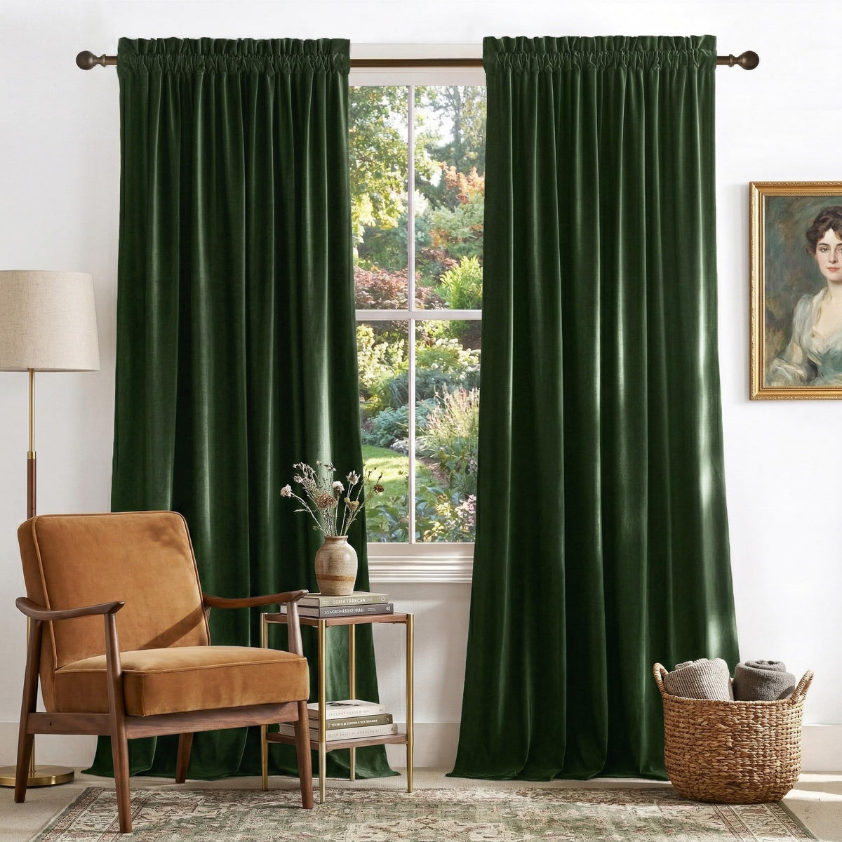 NICETOWN olive green velvet curtain panel closed enhances privacy and color depth