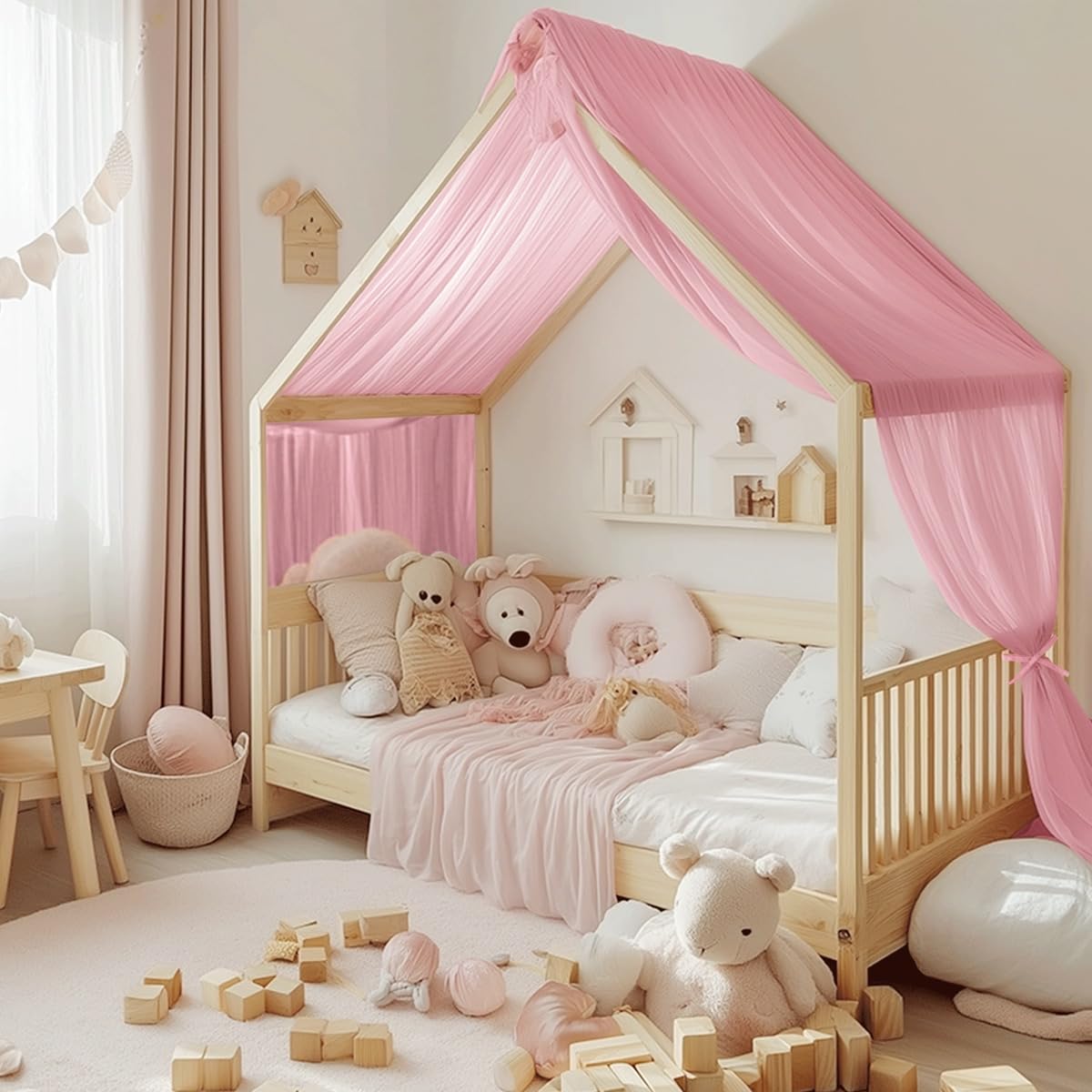 NICETOWN pink bed canopy over toddler bed adds cozy charm