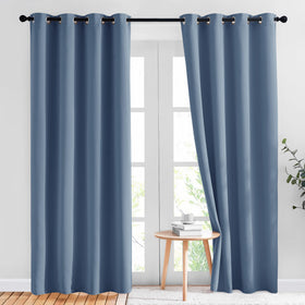 NICETOWN Stone Blue blackout curtains close-up weave showing durable fabric and energy-saving light blocking.