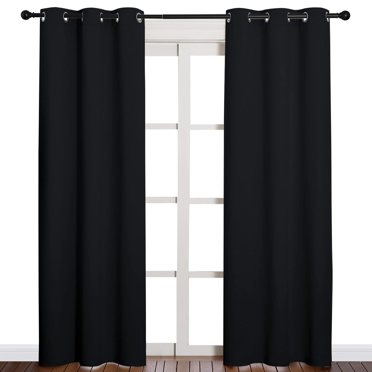 NICETOWN thermal blackout curtains in 42x84 panel framed for a dark, private living space.