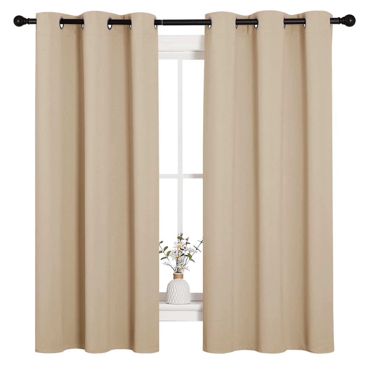 NICETOWN thermal curtains with grommets in Biscotti Beige, two-panel setup for a clean look