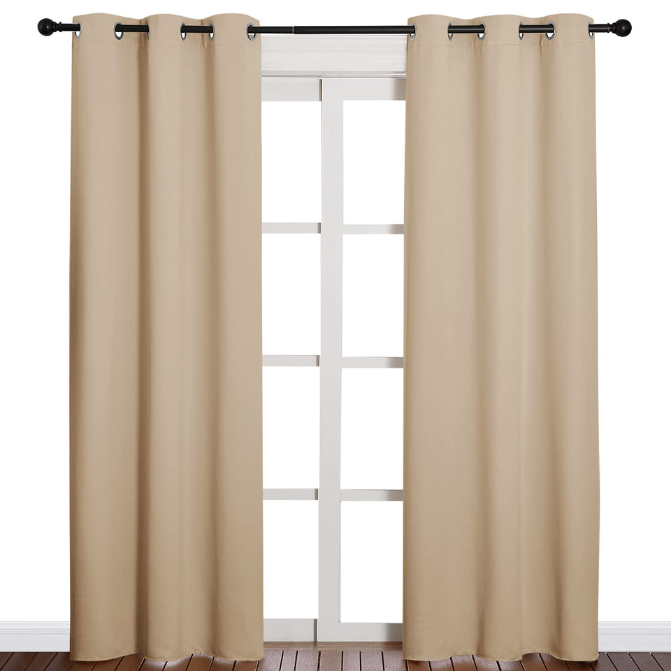 NICETOWN blackout panel on a rod in biscotti beige blocks light for a calmer room.