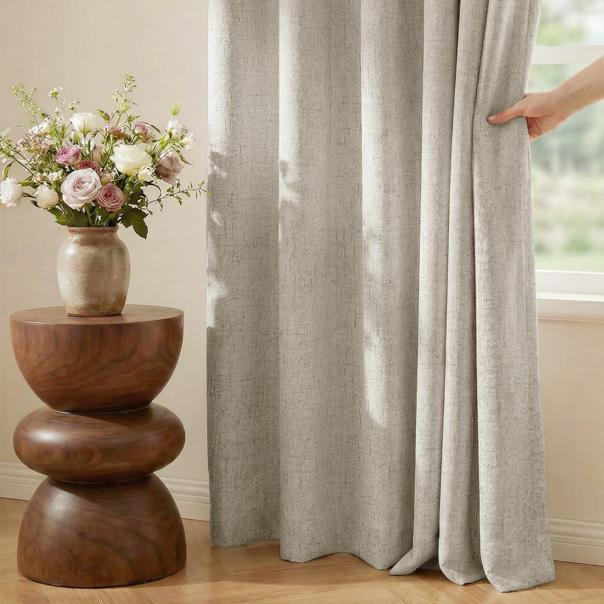 NICETOWN beige curtains complementing vintage and modern decor