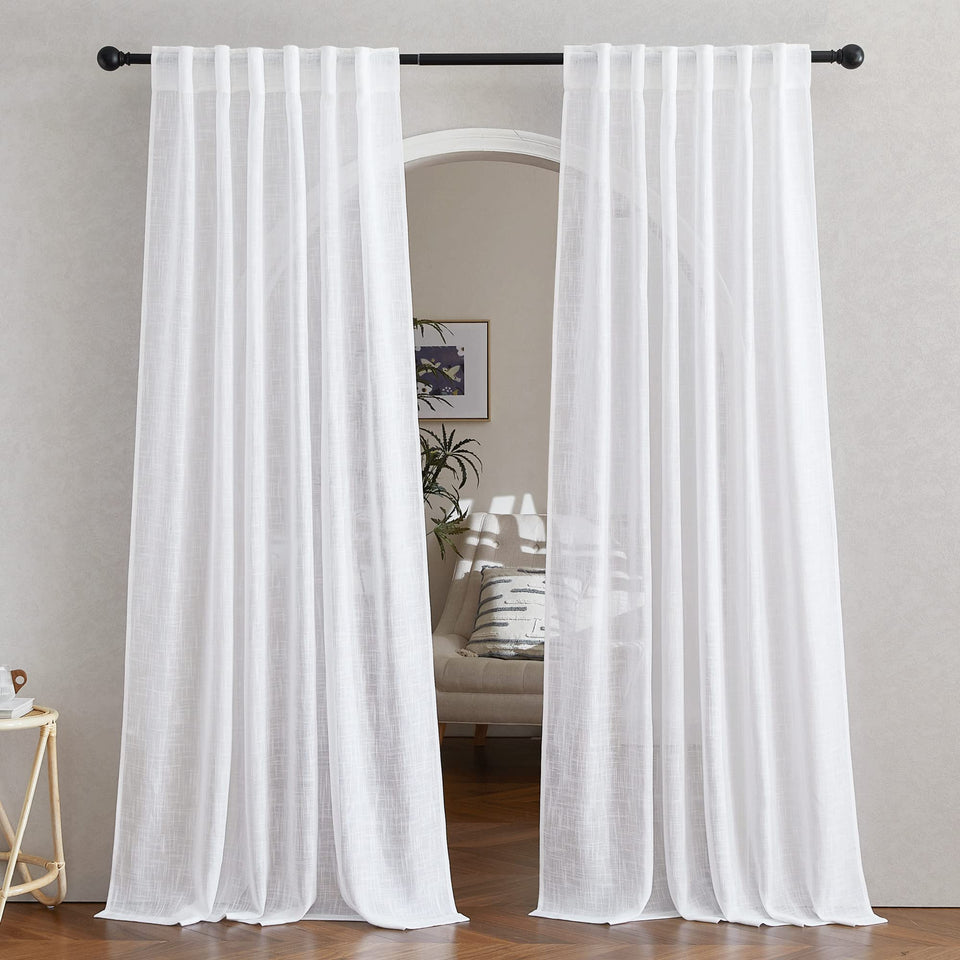 NICETOWN white linen sheer curtains with rod-pocket and back-tab hanging options for versatile installation.