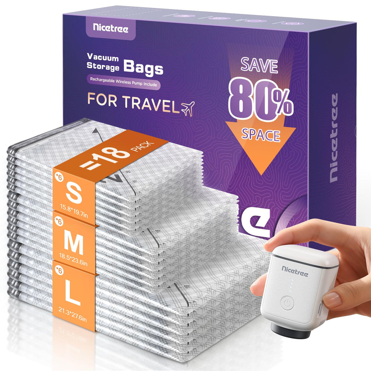 Nicetree 18-pack vacuum bags travel kit product shot for space-saving travel