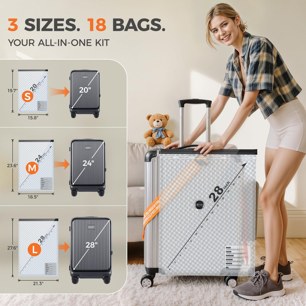 Nicetree three bag sizes fit clothes, accessories, and bulky coats efficiently.