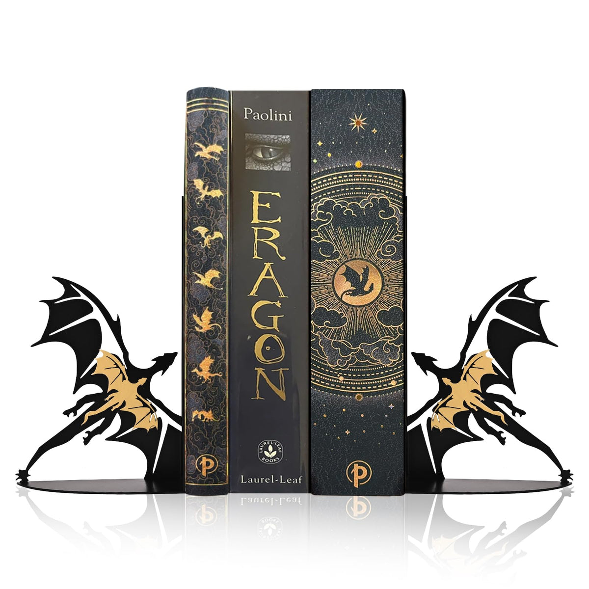 Nichake metal dragon bookends with heavy-duty support on a tidy shelf