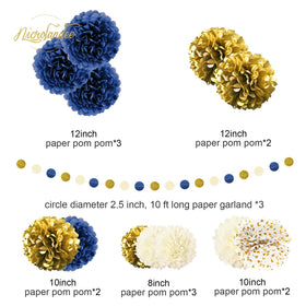 Nicrolandee 10-inch navy and gold pom poms create a standout celebration focal point.