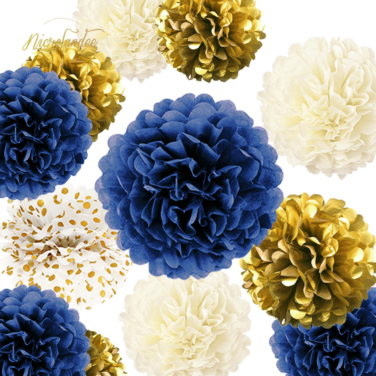 Nicrolandee 8-inch navy blue pom poms brighten entrances and ceremonies.