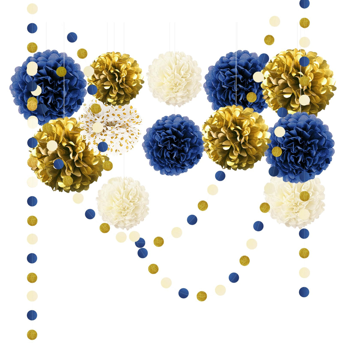 Nicrolandee navy blue and gold pom poms collection for elegant party decor and photography.