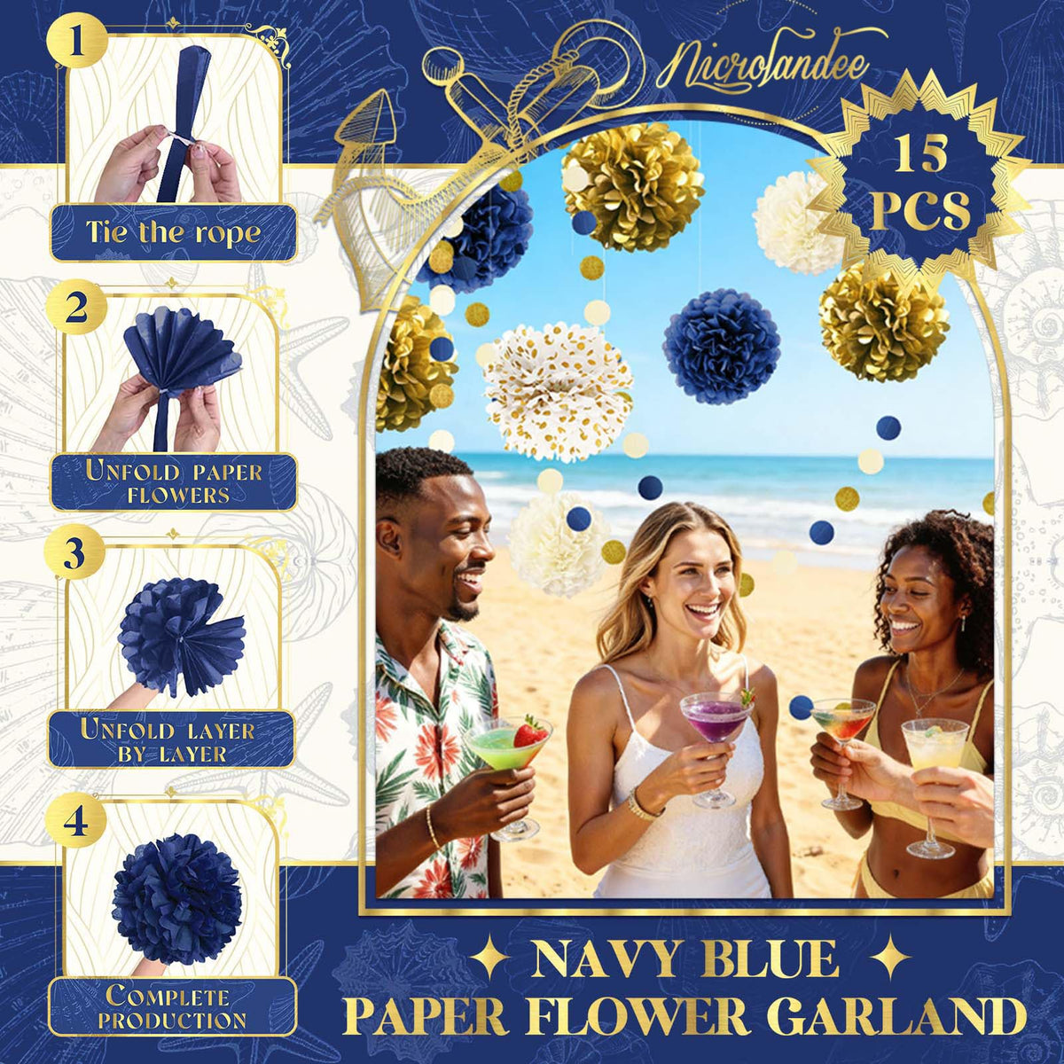 Nicrolandee wedding backdrop in navy gold tones frames memorable photos.