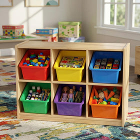 Nicunom cubby bin on shelf keeps books and toys tidy.