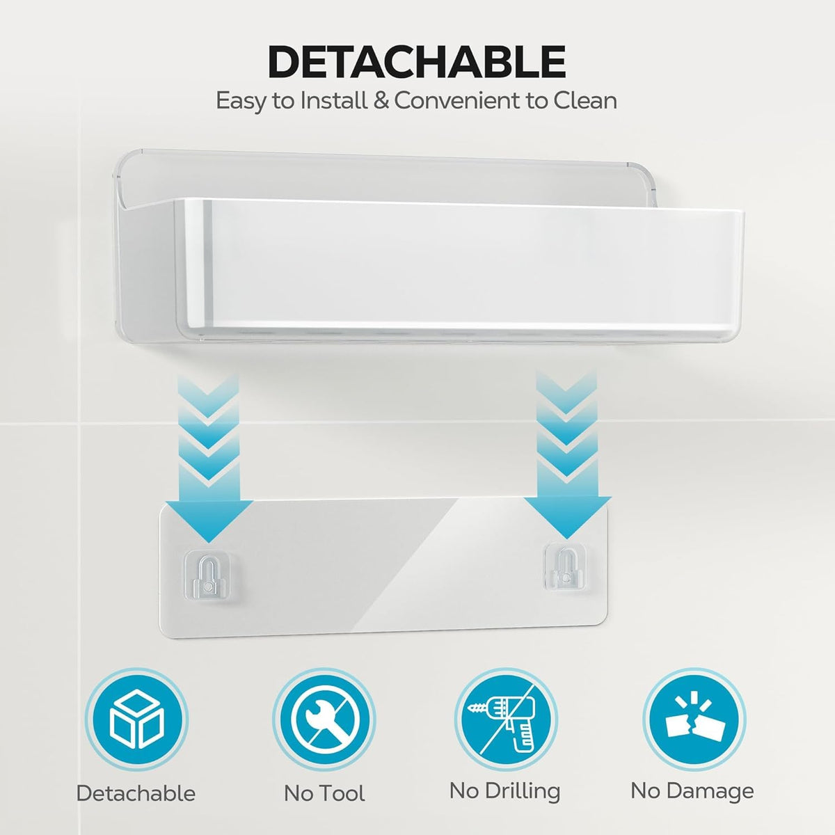 Nieifi adhesive wall shelf – A-Clear 2-piece highlights drainage for clean surfaces.