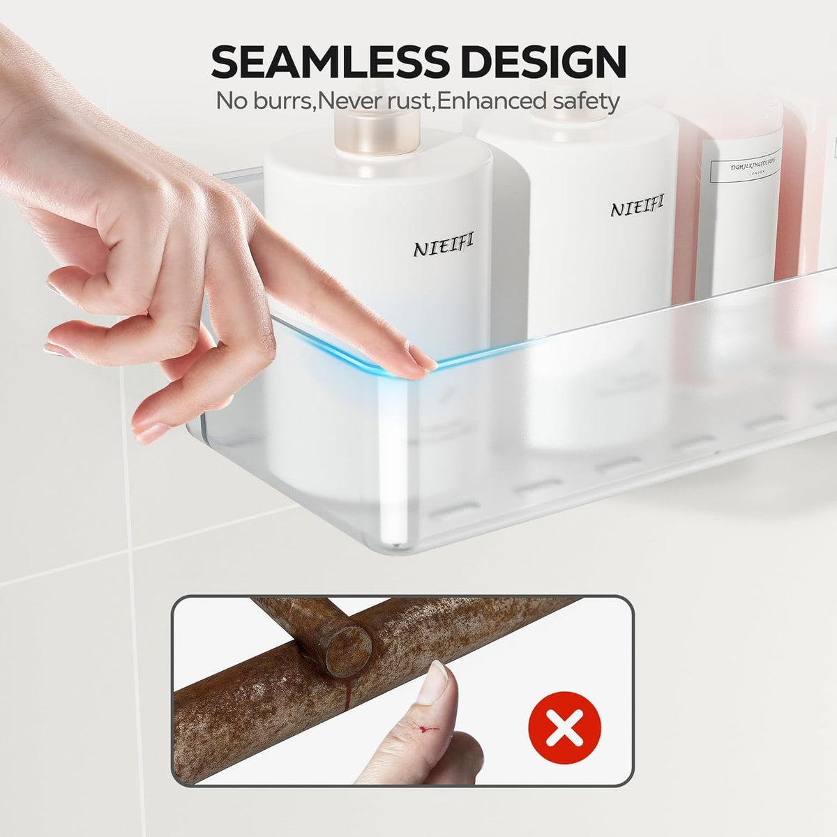 Nieifi adhesive wall shelf – A-Clear 2-piece with drainage holes keeps bottles dry.