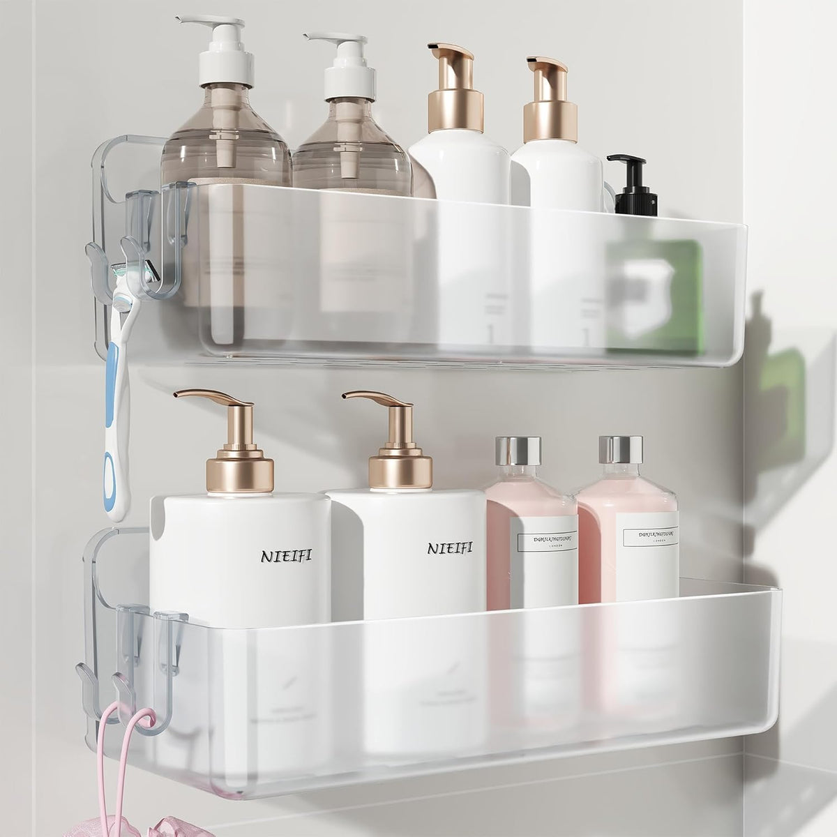 Nieifi adhesive wall shelf – A-Clear 2-piece mounted for secure shower storage.