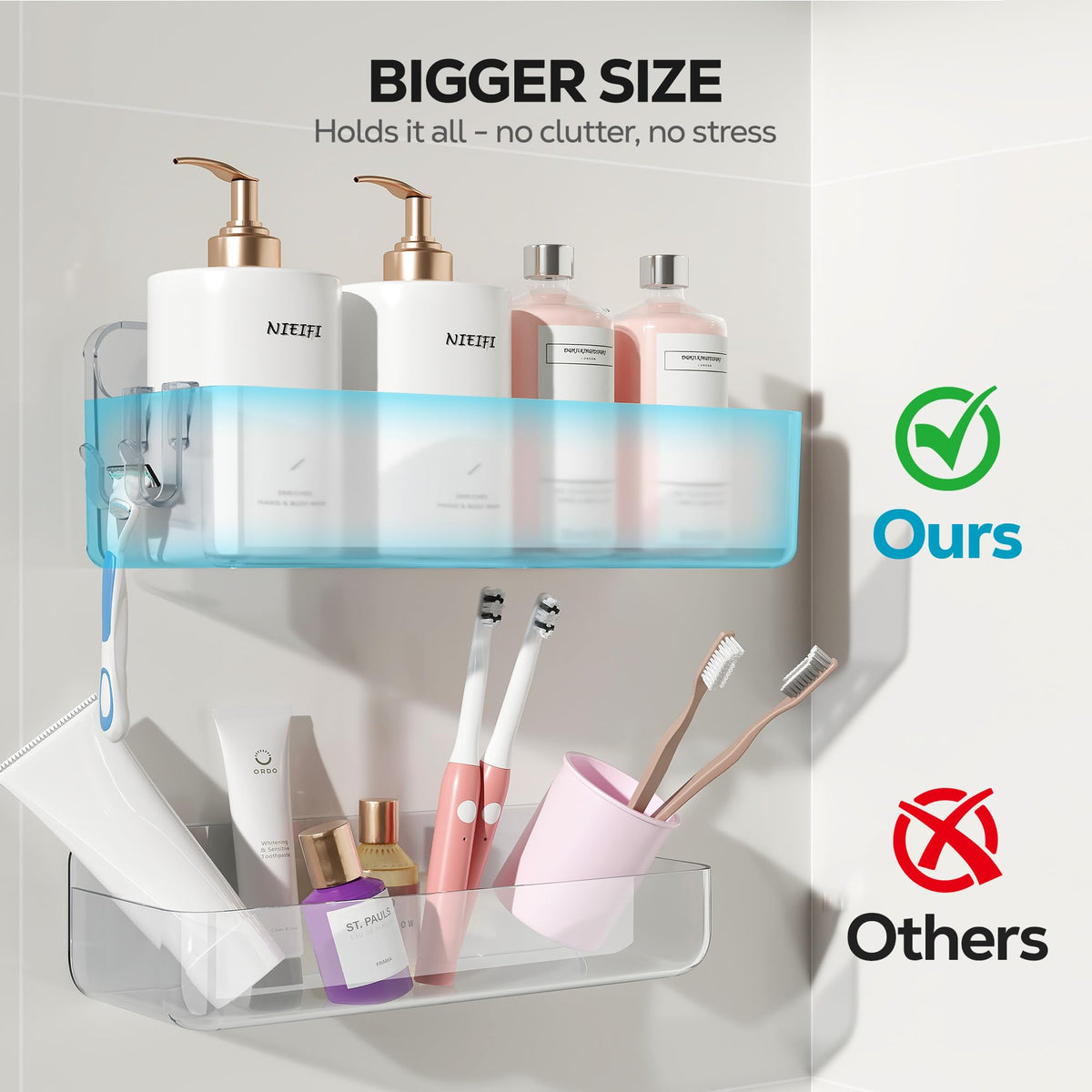 Nieifi adhesive wall shelf – A-Clear 2-piece with rounded edges for safe use.