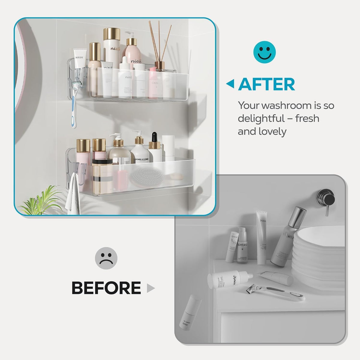 Nieifi adhesive wall shelf – A-Clear 2-piece stable base reduces tipping.