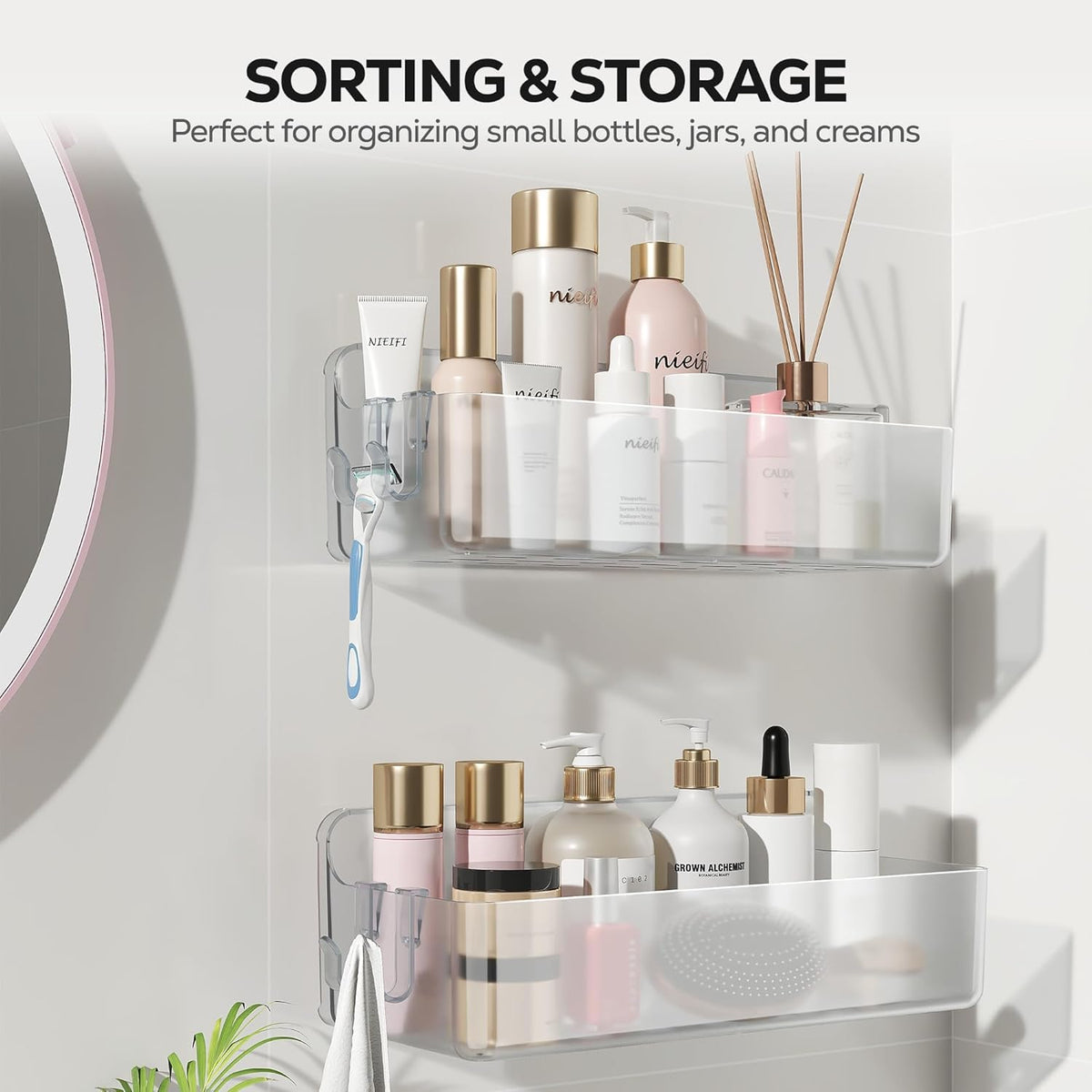 Nieifi adhesive wall shelf – A-Clear 2-piece versatile setup for compact showers.