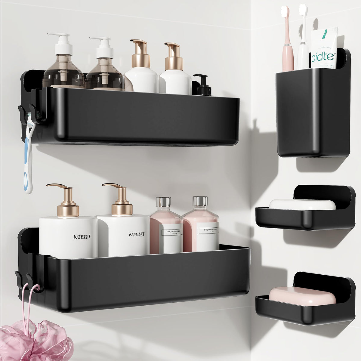 Nieifi adhesive wall shelf in black for clutter-free bathroom organization.