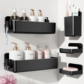 Nieifi adhesive wall shelf in black for clutter-free bathroom organization.