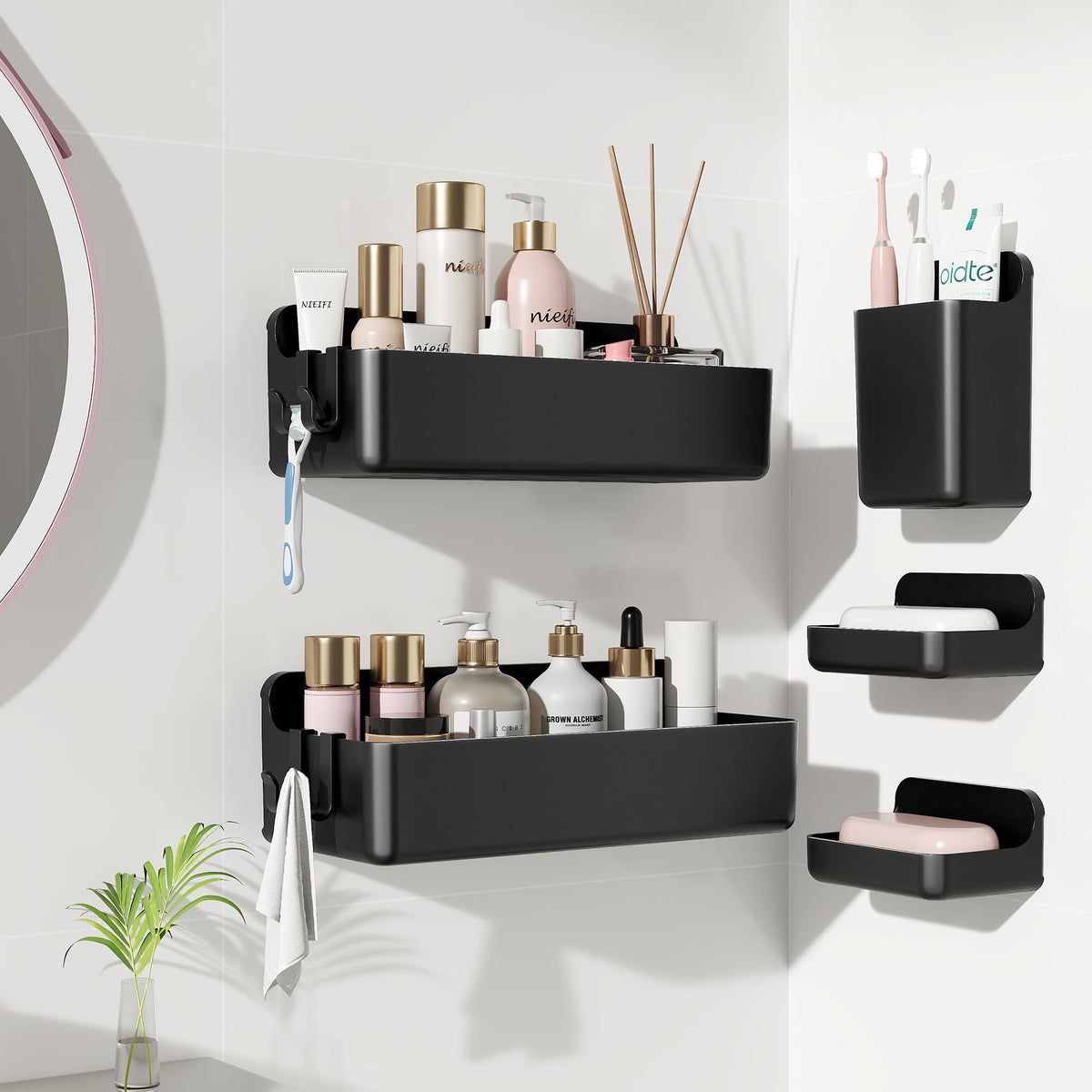 Nieifi set includes baskets, toothbrush holder, and soap dishes for organization.