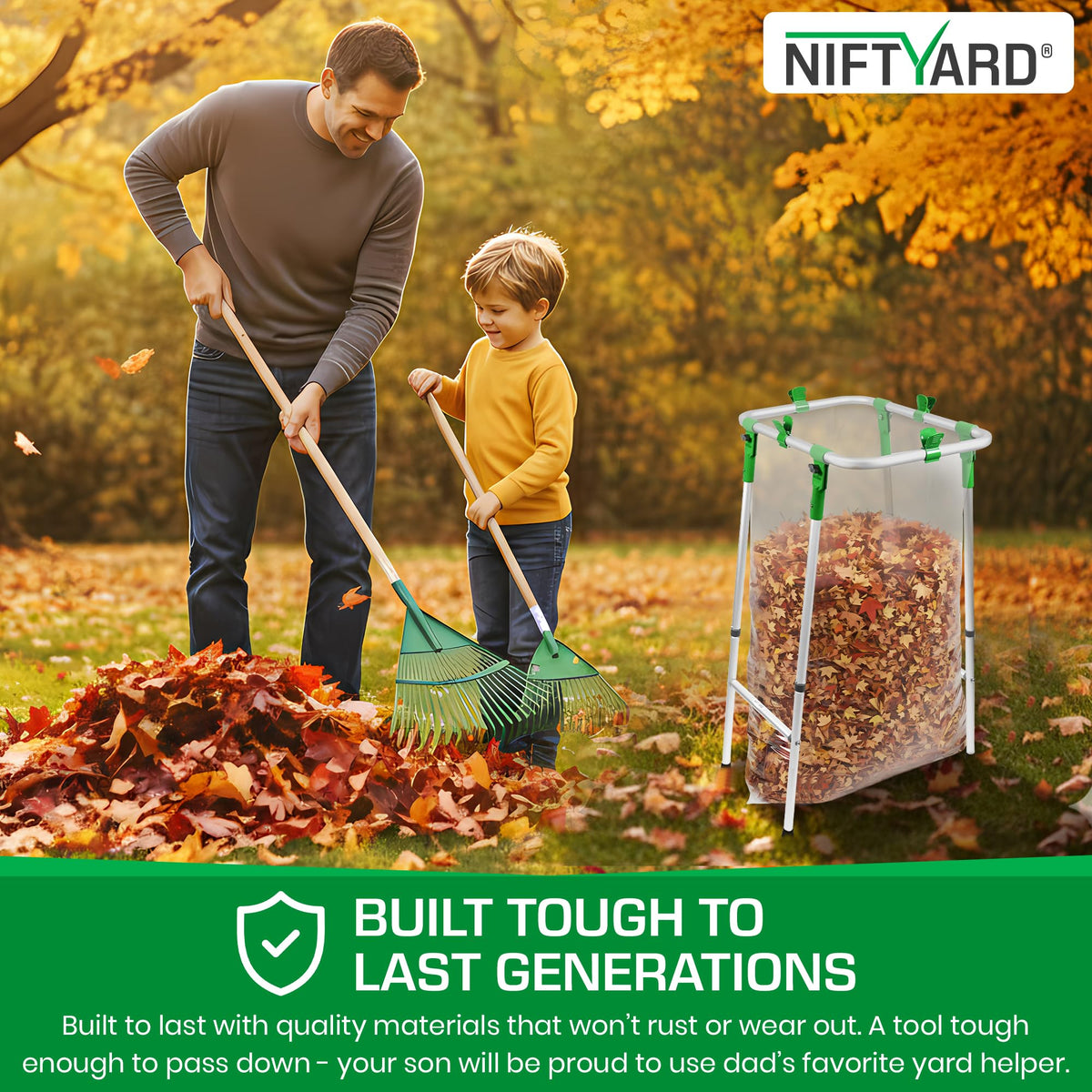 NiftYard versatile bag holder for camping and laundry tasks.