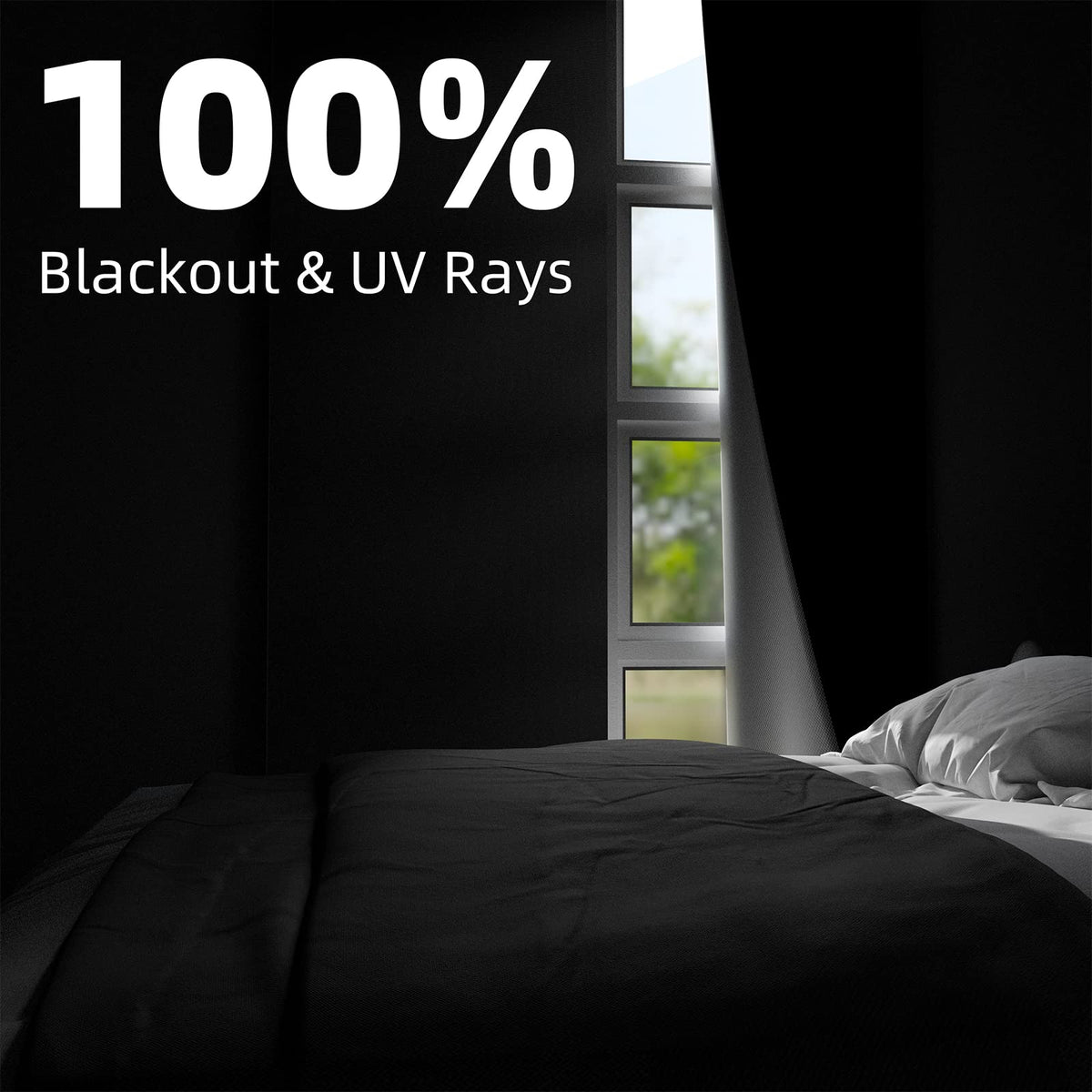 NIGHTON blackout curtains with adhesive tape being applied on a surface for easy setup.