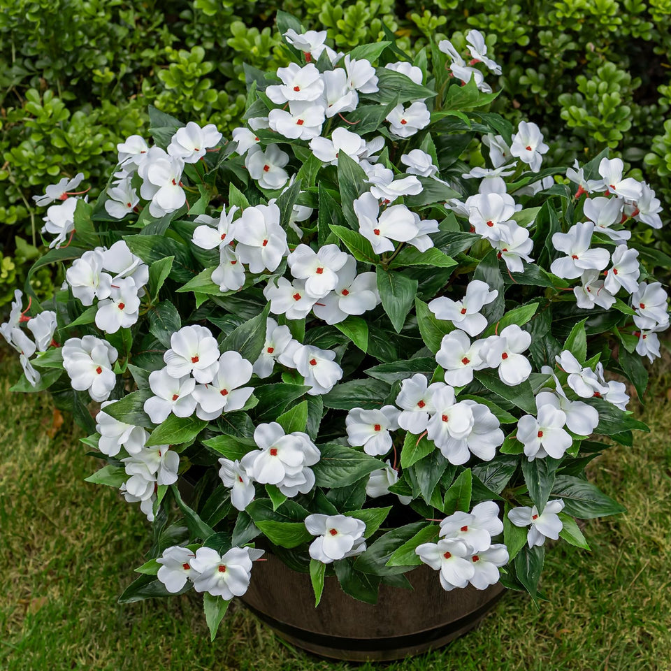Nigirior artificial Impatiens outdoor white bundle for porch décor with lasting color