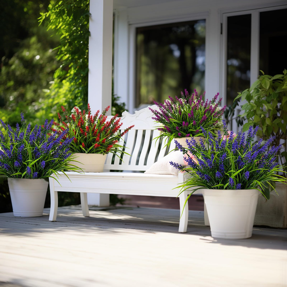 Nigirior faux monkey grass provides low-maintenance greenery for patios.