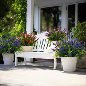 Nigirior faux monkey grass provides low-maintenance greenery for patios.