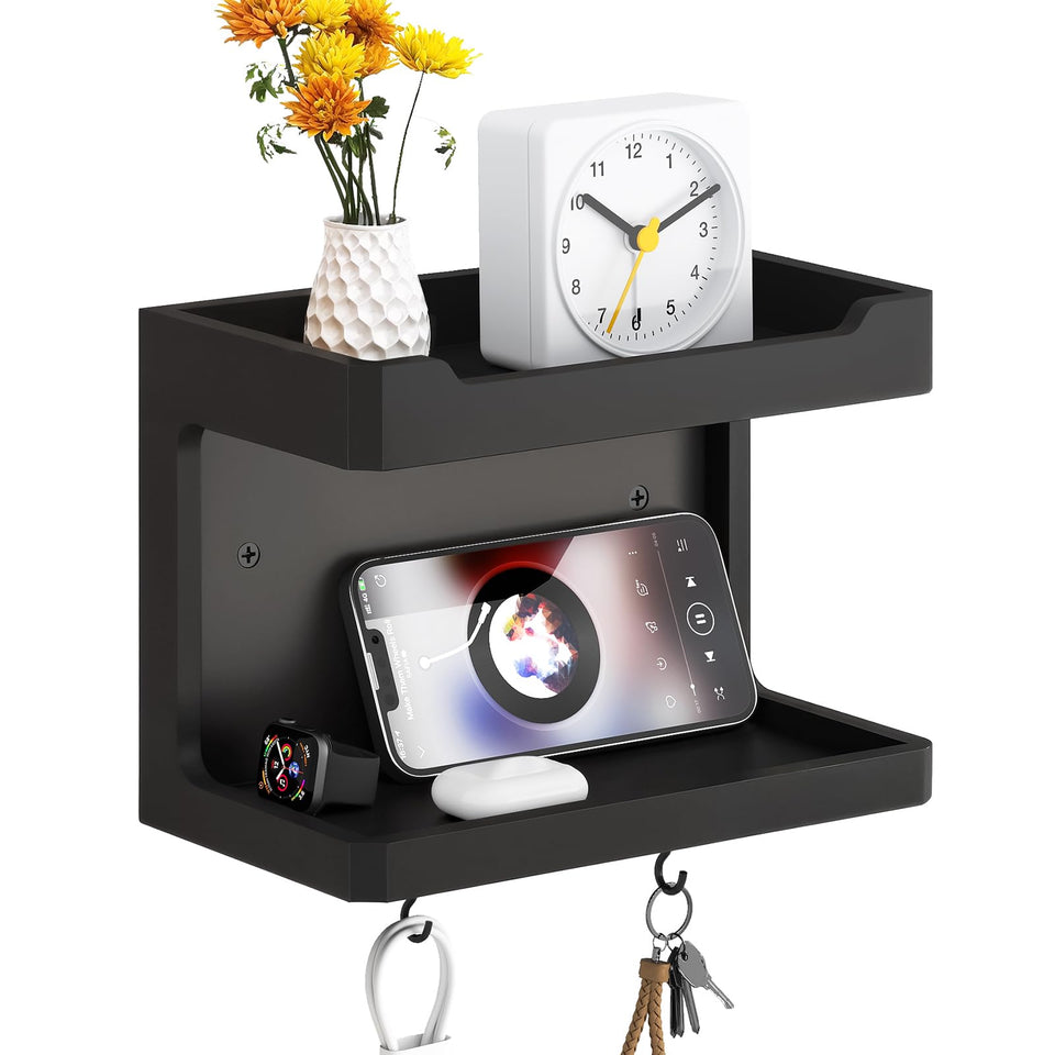 NiHome bedside organizer with double shelves keeps phone and glasses within easy reach.