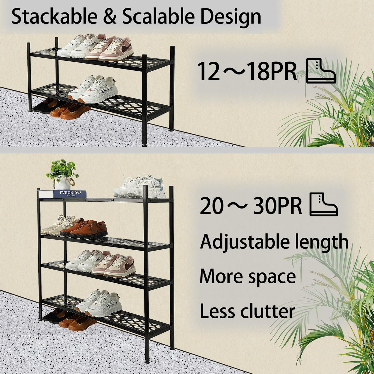 Nijoam adjustable feet keep the rack level on uneven floors.