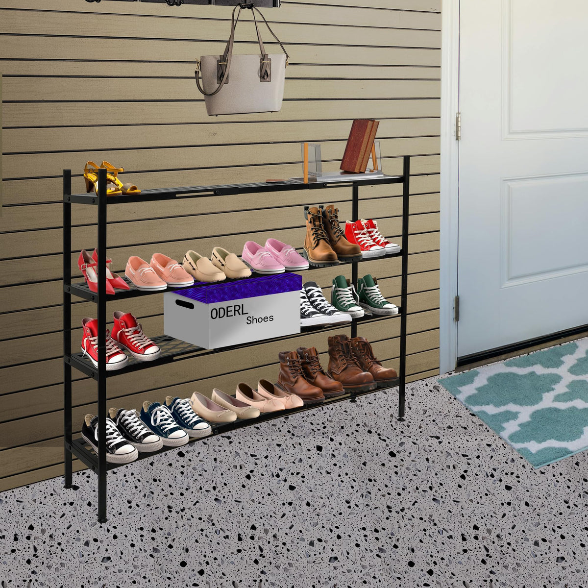 Nijoam adjustable feet stabilize the rack on uneven floors.