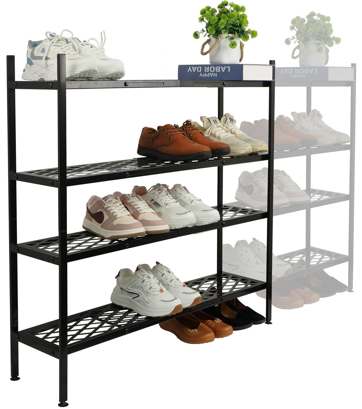 Nijoam four-tier entryway shoe rack keeps sneakers neatly organized.