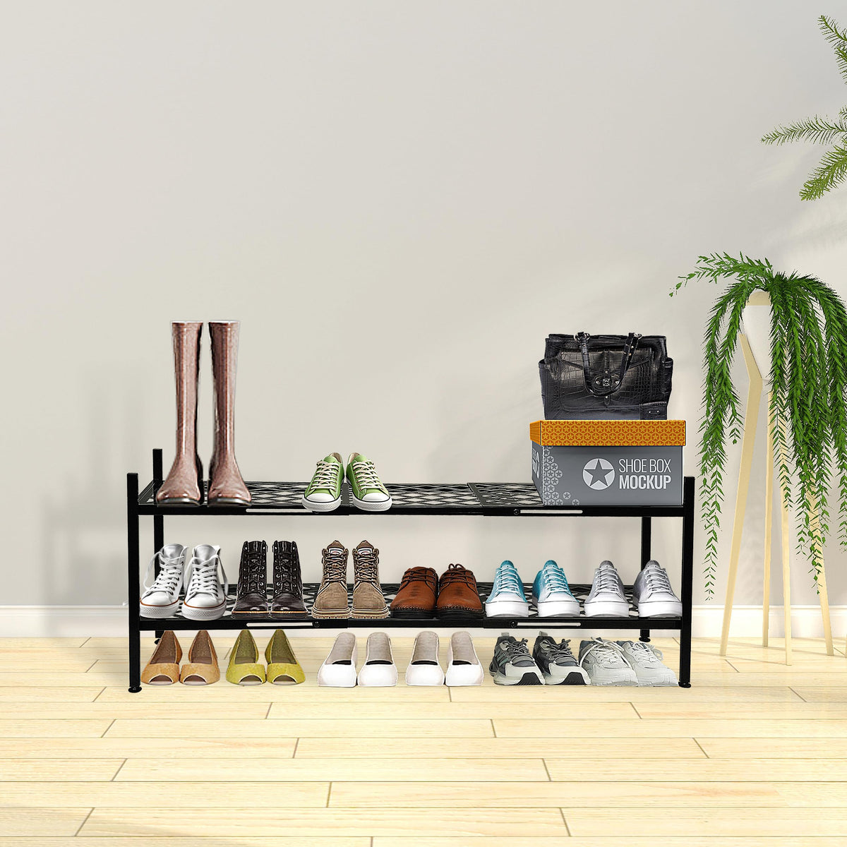 Nijoam stackable shoe shelf configuration for a larger collection.