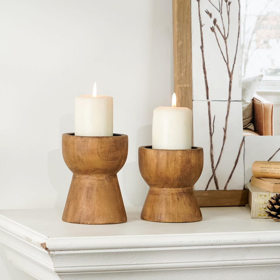 NIKKY HOME farmhouse wood candle holder large, sturdy centerpiece for mantel decor.