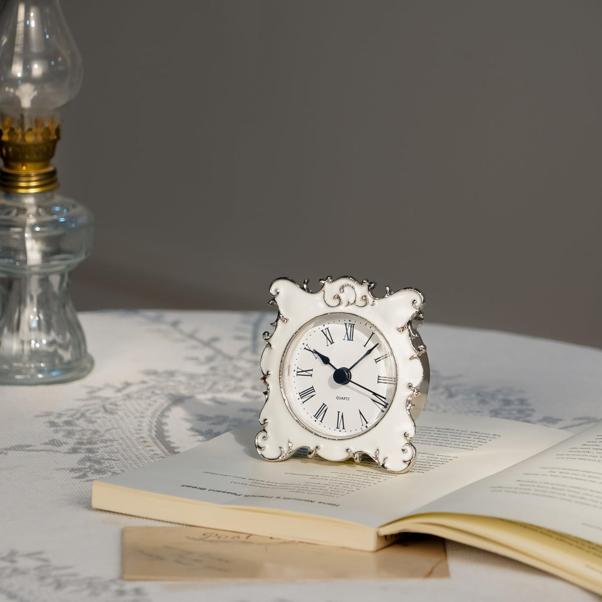 NIKKY HOME pewter table clock white enamel dial