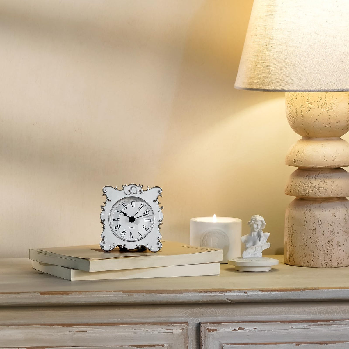 NIKKY HOME pewter vintage table clock side view