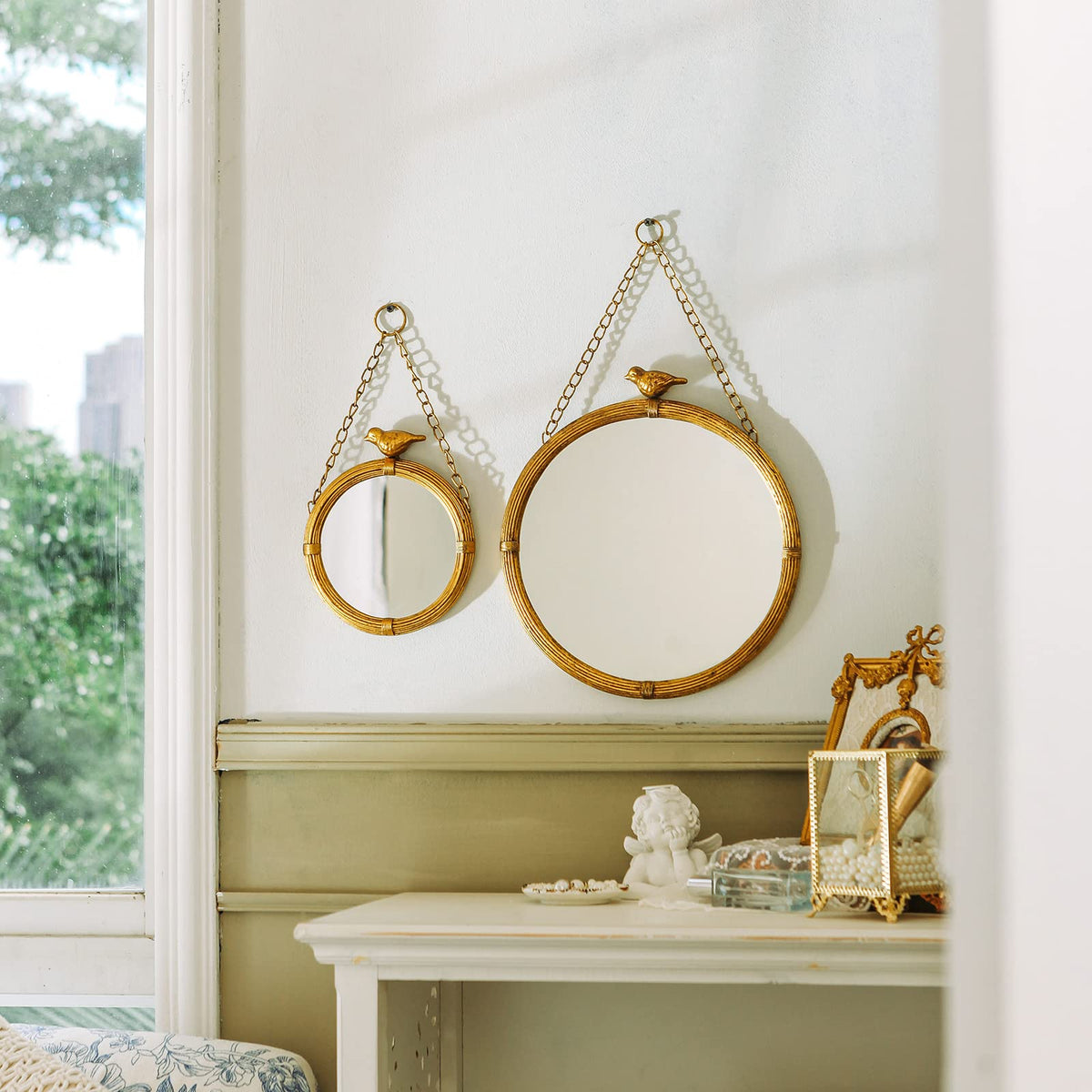 NIKKY HOME vintage round mirror with bird in a bedroom dressing area