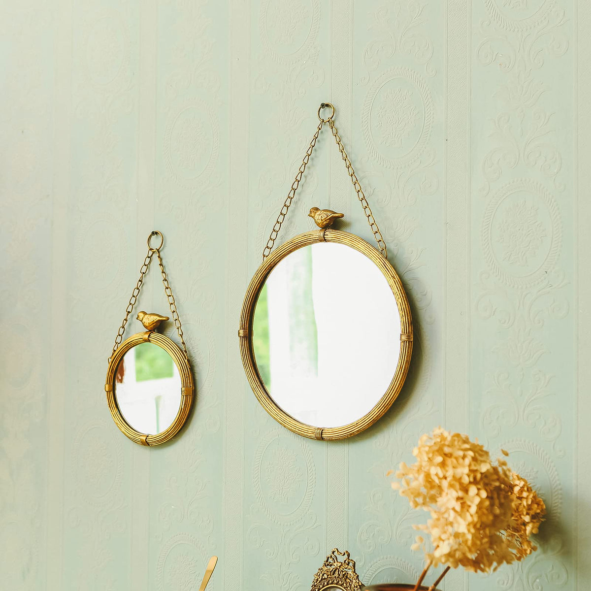NIKKY HOME vintage round mirror with bird in living room decor